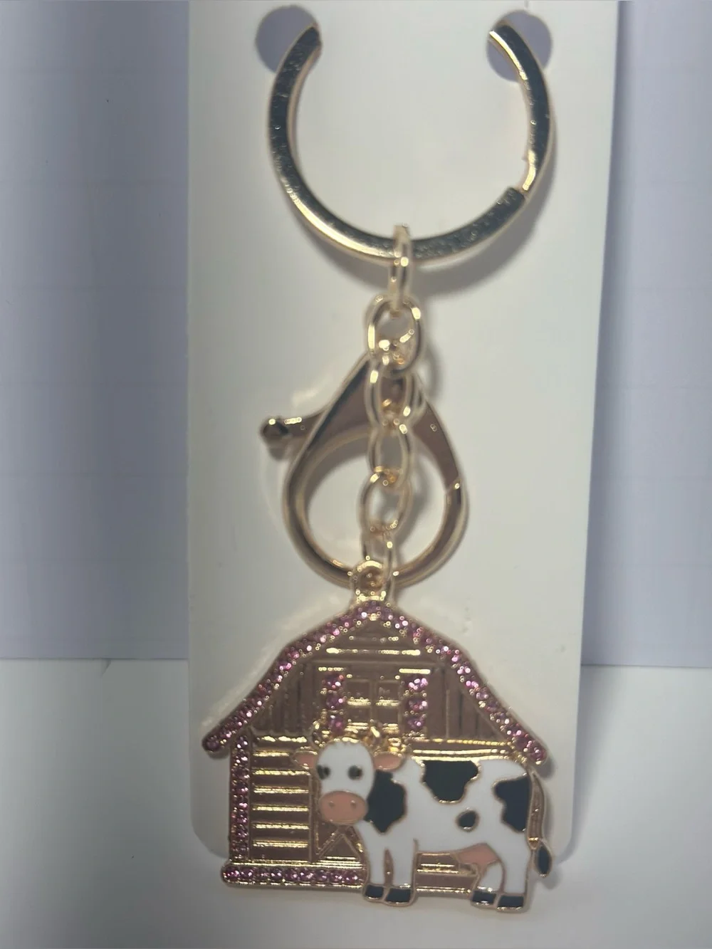 Gold-Tone Cow & Barn Keychain Charm - Pink Accent